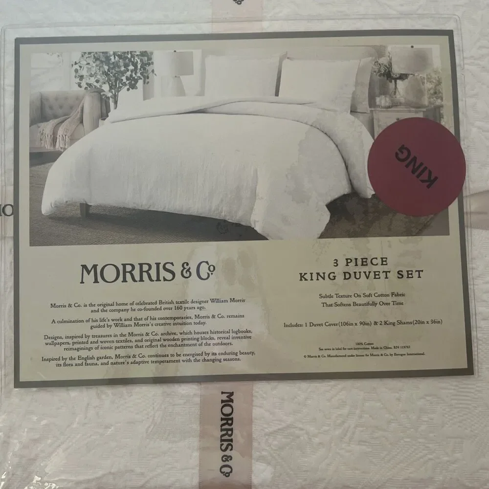 MORRIS & CO Cream White Cotton FLORAL MATELASSE KING DUVET Set 3PC New